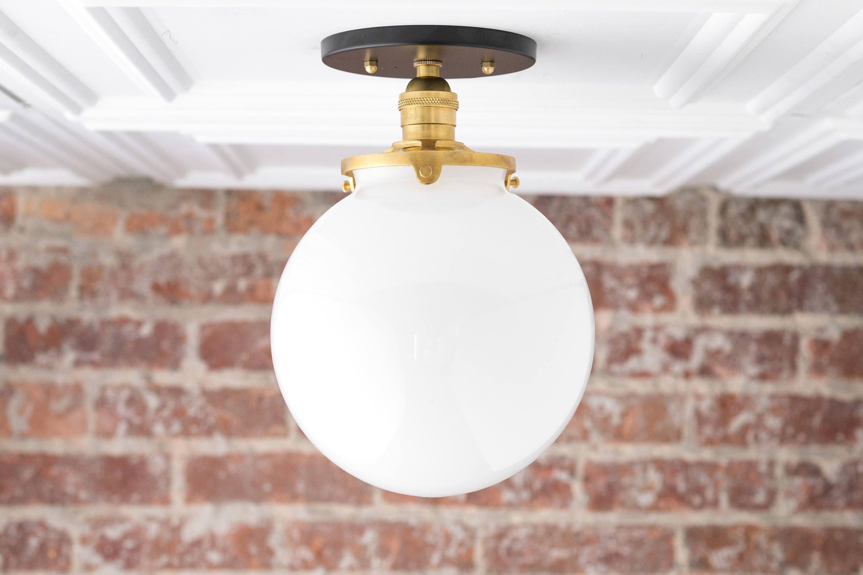 Glorica Glass Mid Century Semi Flush Ceiling Light - White Opal Glass Globe Fixture