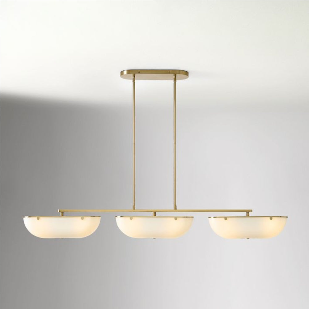 Ferosa Boat-Shaped Lampshade Linear Chandelier - Antique Brass with Milk Glass
