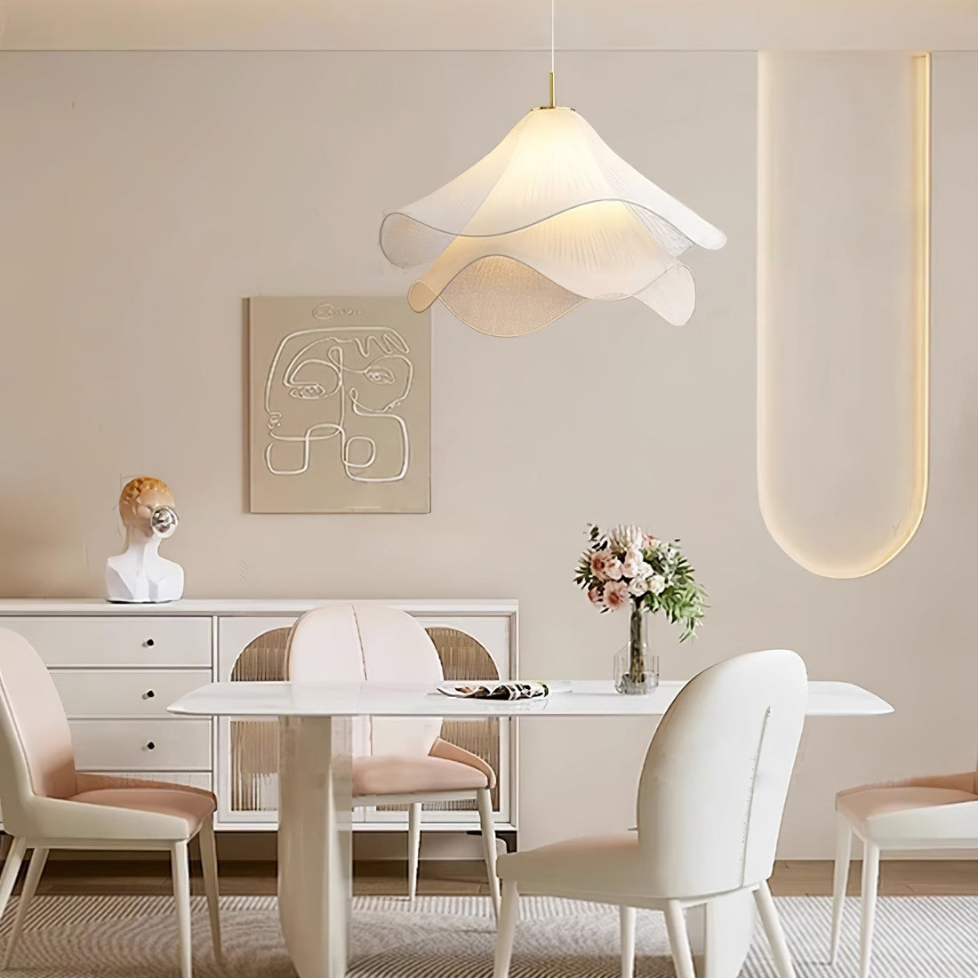 Ethereal Pleated Fabric Bloom Pendant Lamp - French Floral Design Fixture