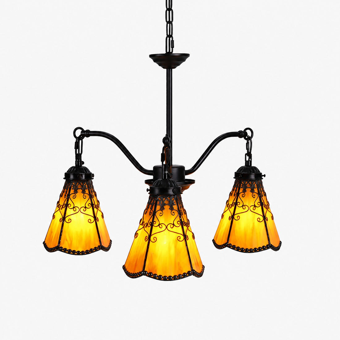 Orange red Tiffany-style three light chandelier