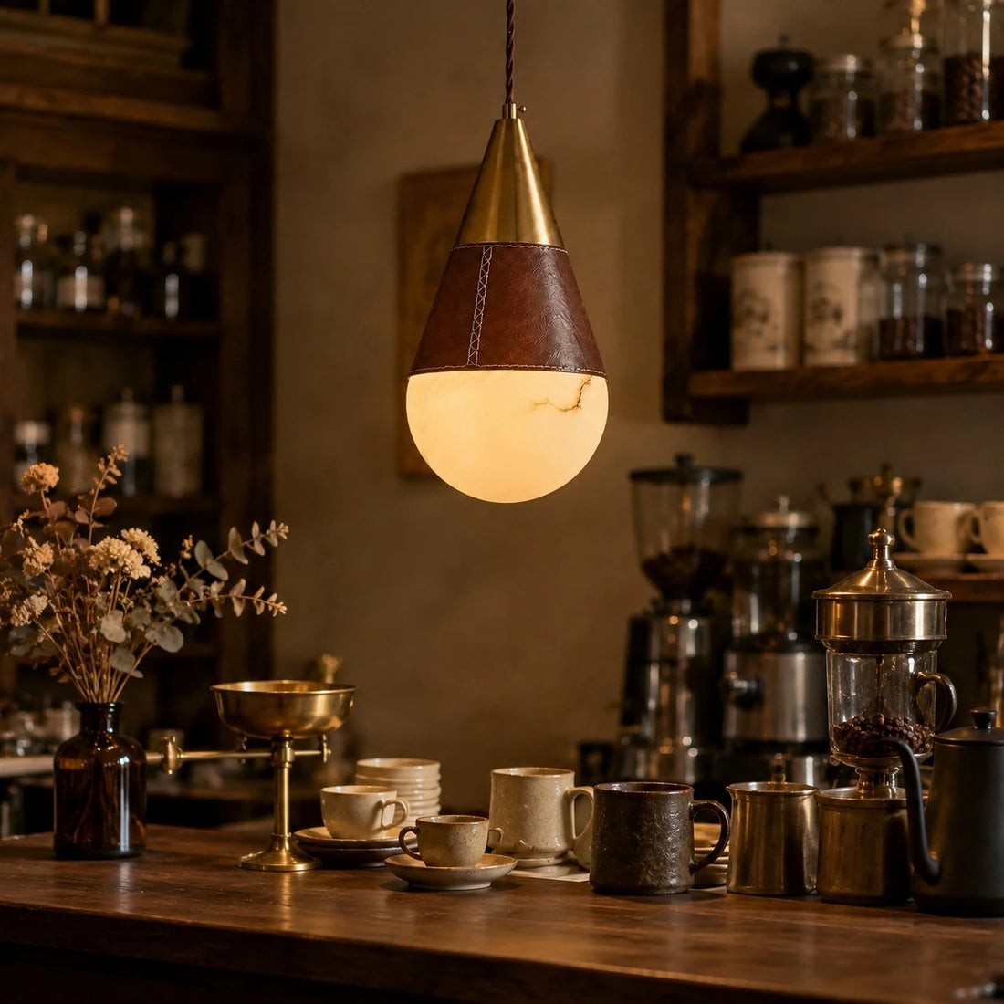 Vintage Leather Faux Marble Teardrop Pendant Light for Dining Rooms and Bedside