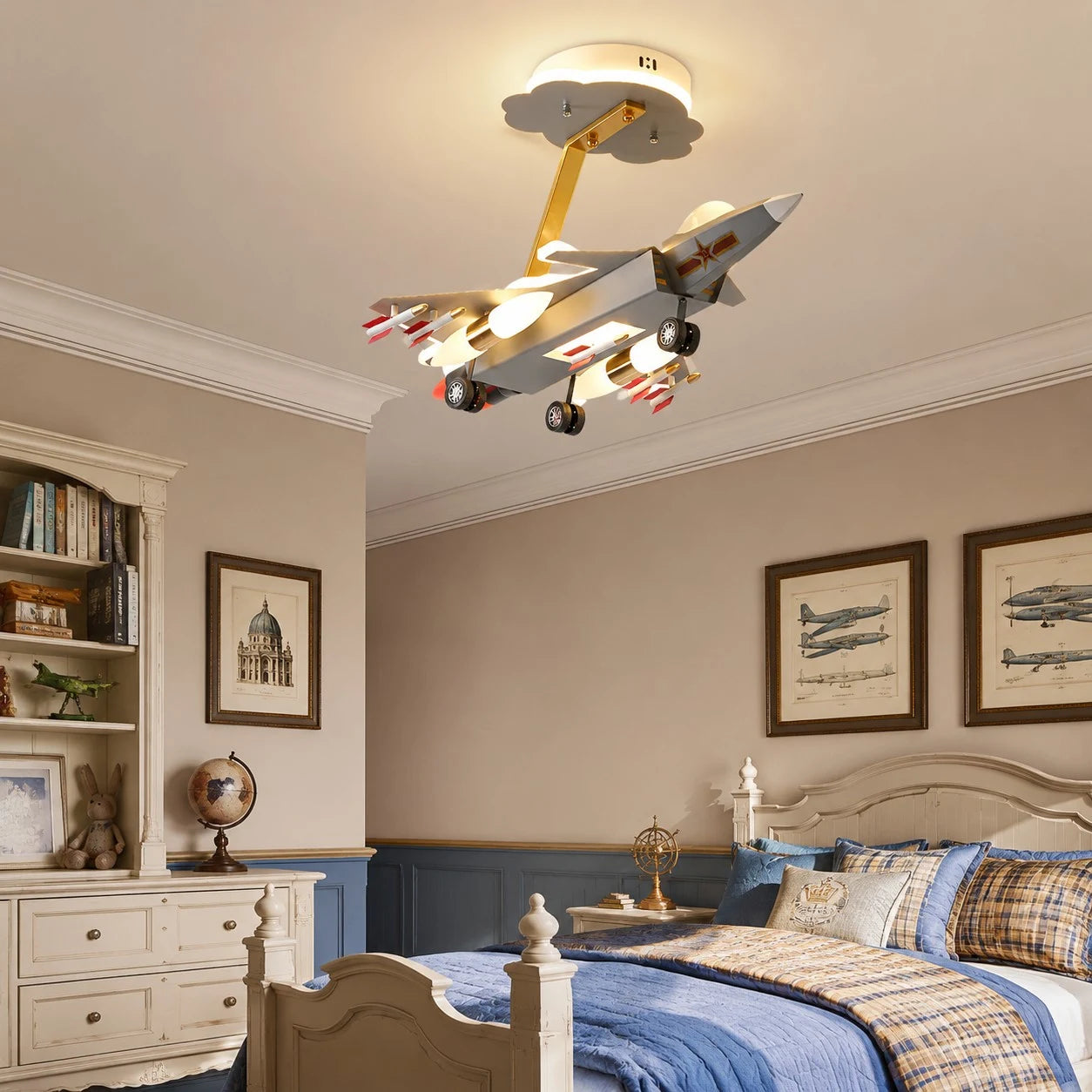 Airplane ceiling light in a classic child bedroom