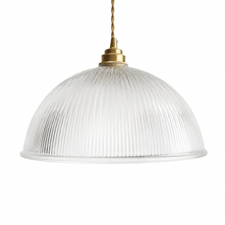 Clear ribbed glass pendant light on a white background