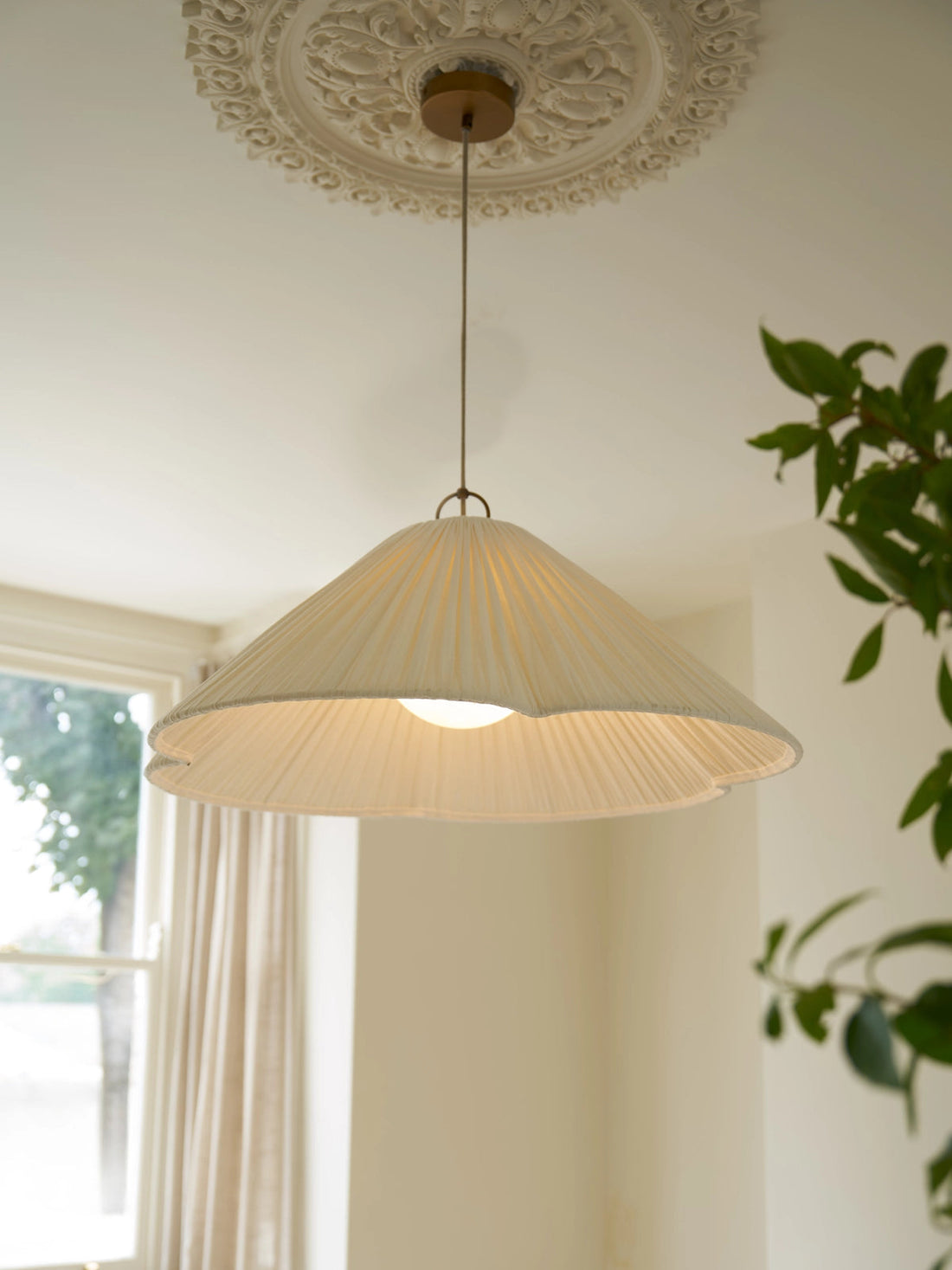 Lindi - Aged Brass and Linen Oversized Scalloped Pendant Light