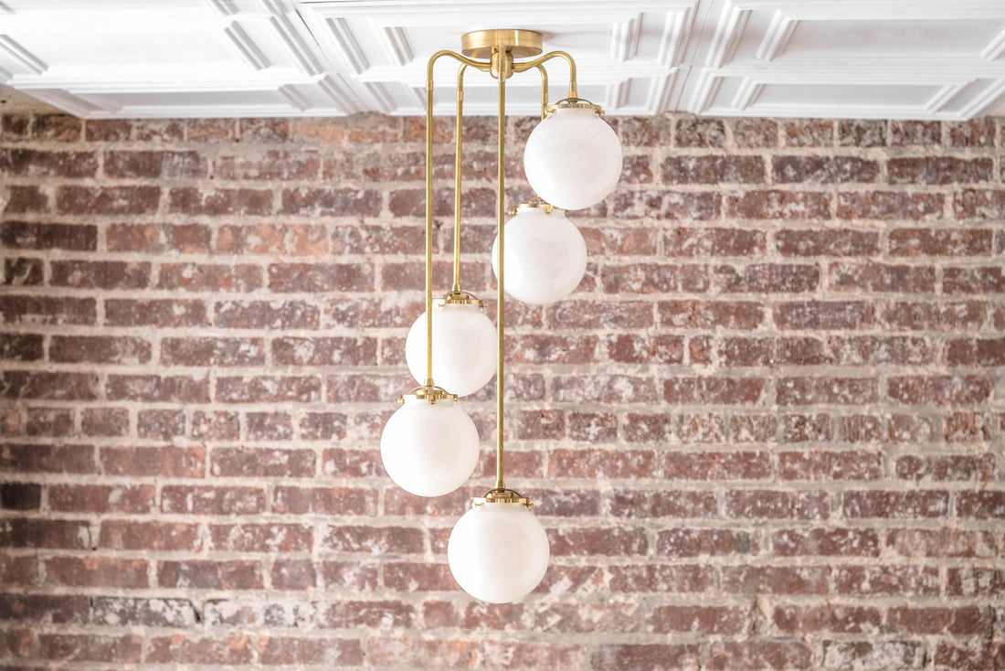 Glorica Glass 5 Globe Chandelier - Brass and Opal Glass Vintage Pendant Light