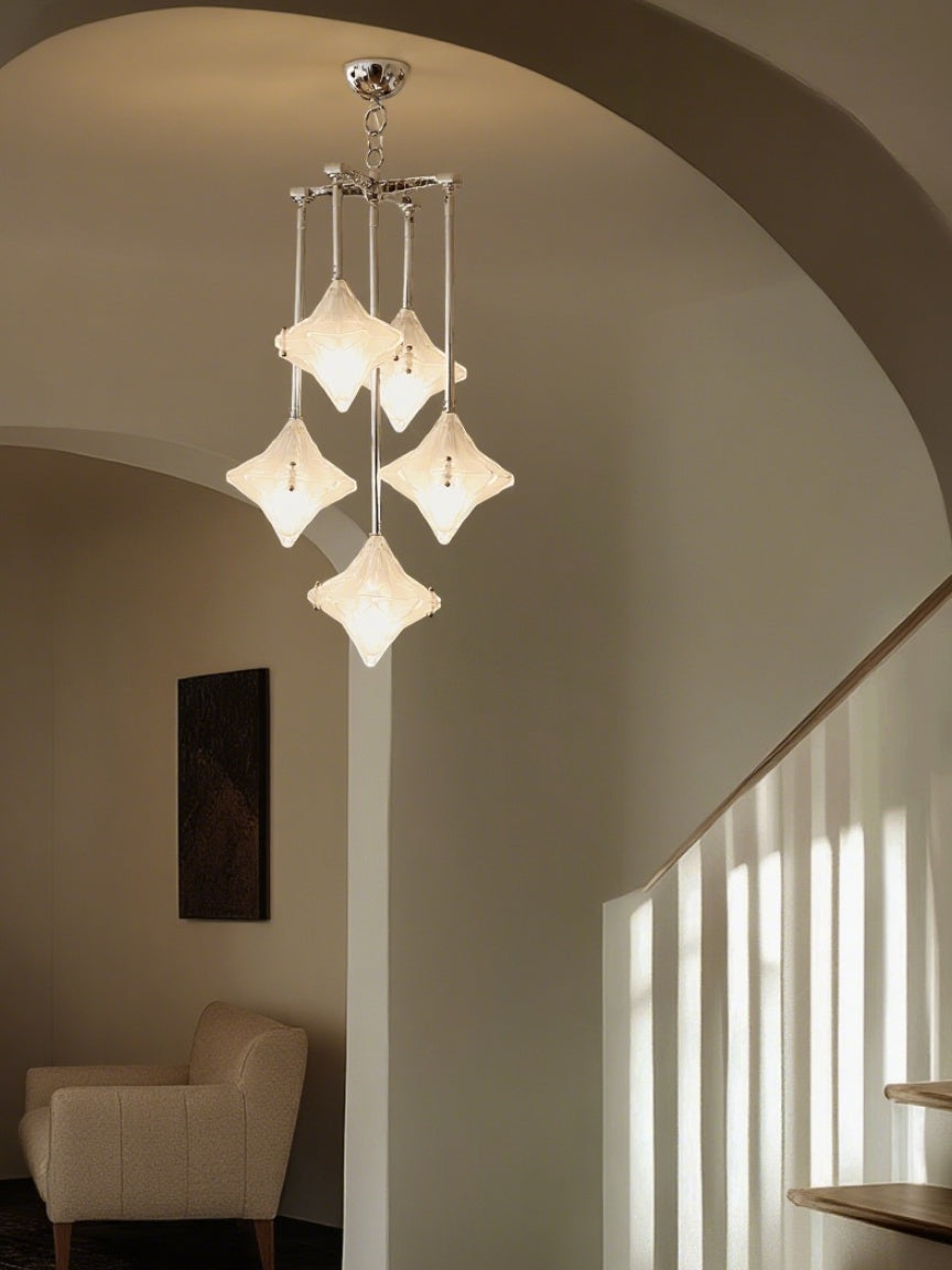 Art Deco Astris Star Chandelier -Frosted Glass Deco Fixture for Dining Room