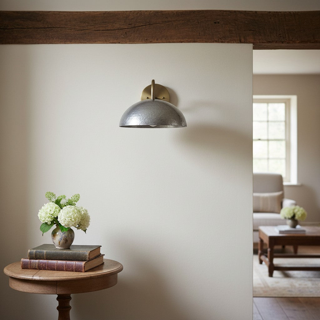 Curva Metal  Industrial Wall Sconce - Curved Brass Arm - Hammered Dome Light Fixture