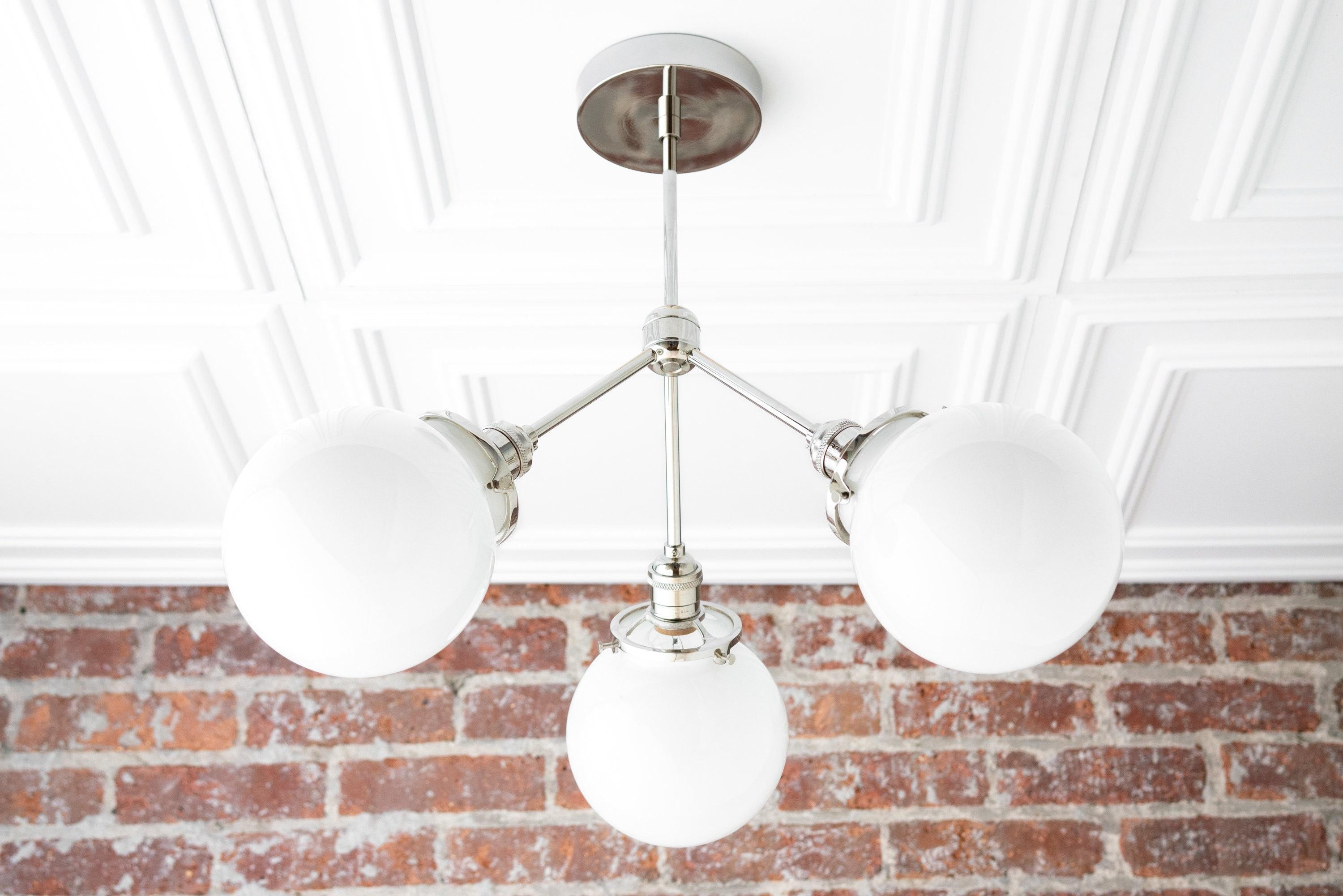 Glorica Glass Chandelier - Brass Globe Ceiling Light with Opal Shade