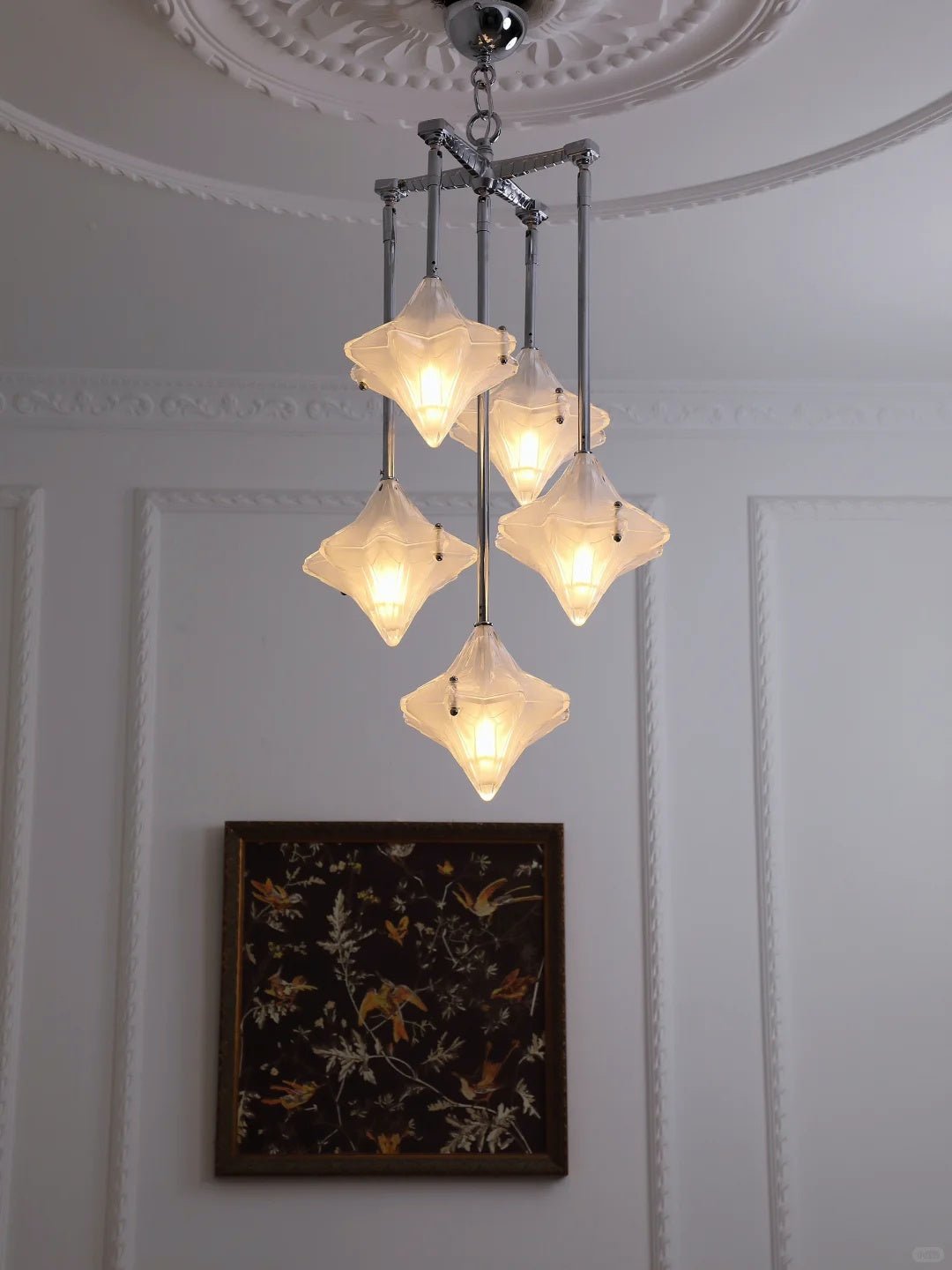 Art Deco Astris Star Chandelier -Frosted Glass Deco Fixture for Dining Room