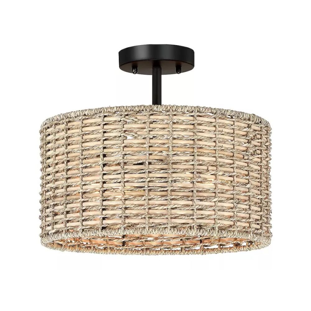 Flush Mount Rattan Ceiling Light - Woven Drum Shade Design
