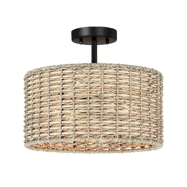 Flush Mount Rattan Ceiling Light - Woven Drum Shade Design