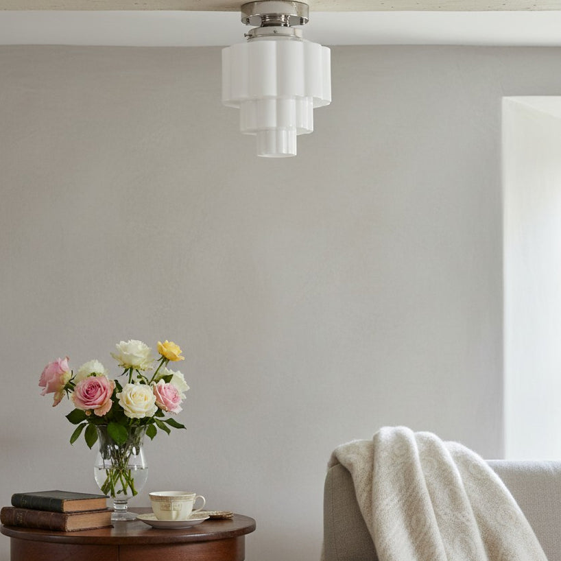 Geotower Glass Brass Ceiling Light – Art Deco Ribbed Globe Flush Mount