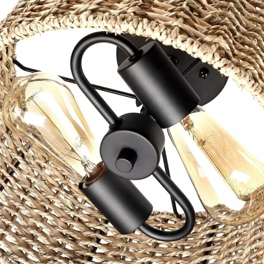 Flush Mount Rattan Ceiling Light - Woven Drum Shade Design