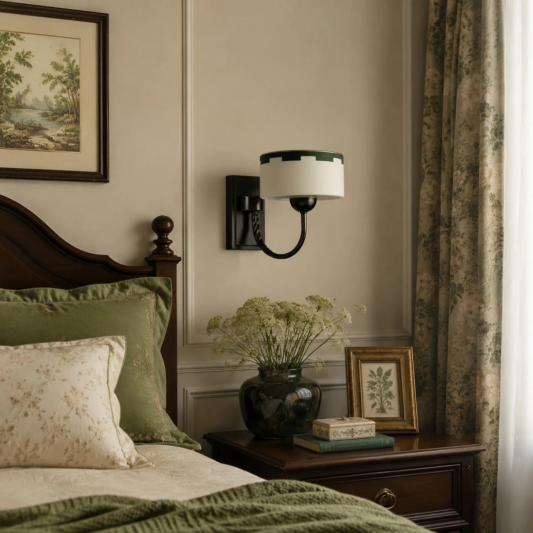 Pale Beige wall sconce mounted beside a bed