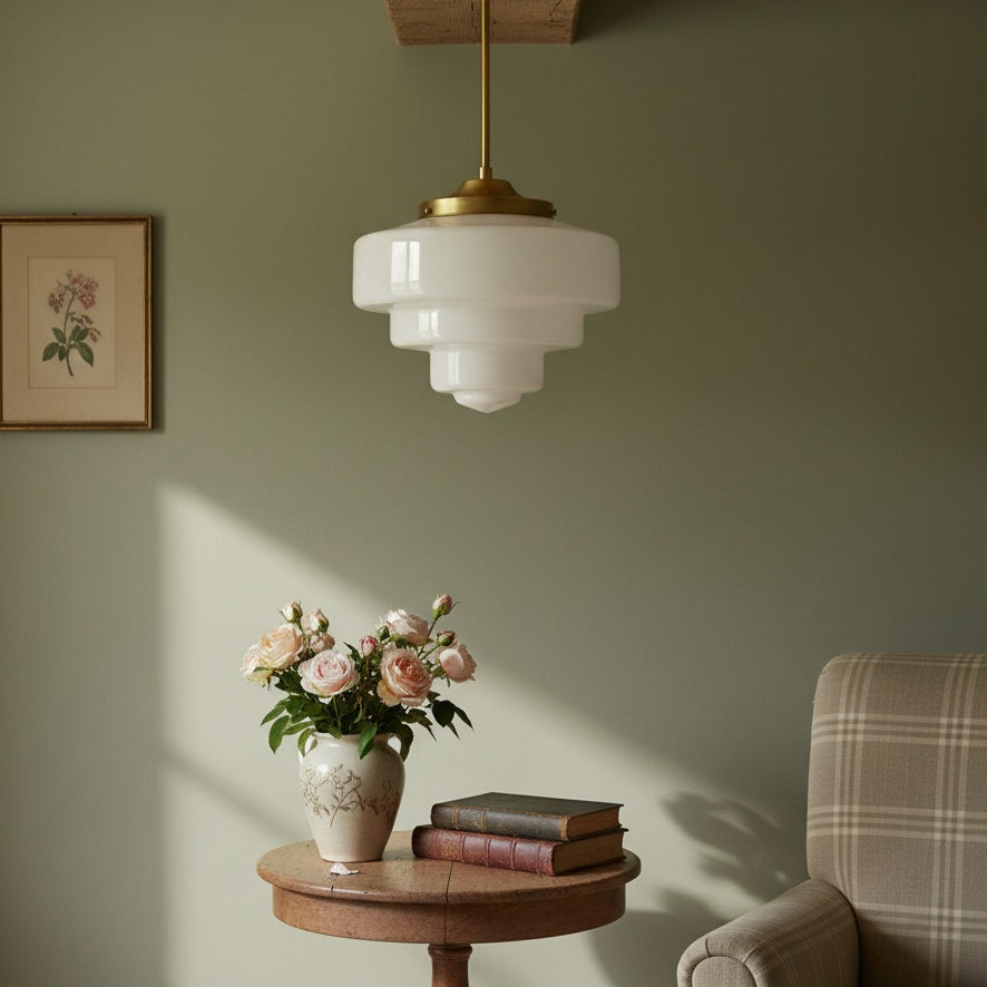 Geotower Glass Brass Pendant Light – Art Deco Opal Globe Ceiling Fixture