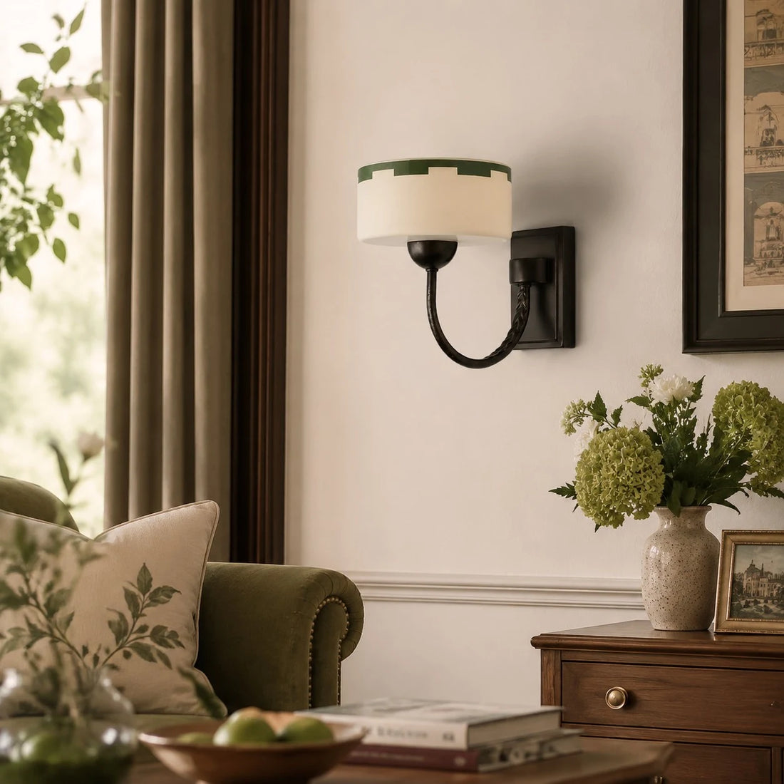 Pale Beige wall sconce installed in a living room corner