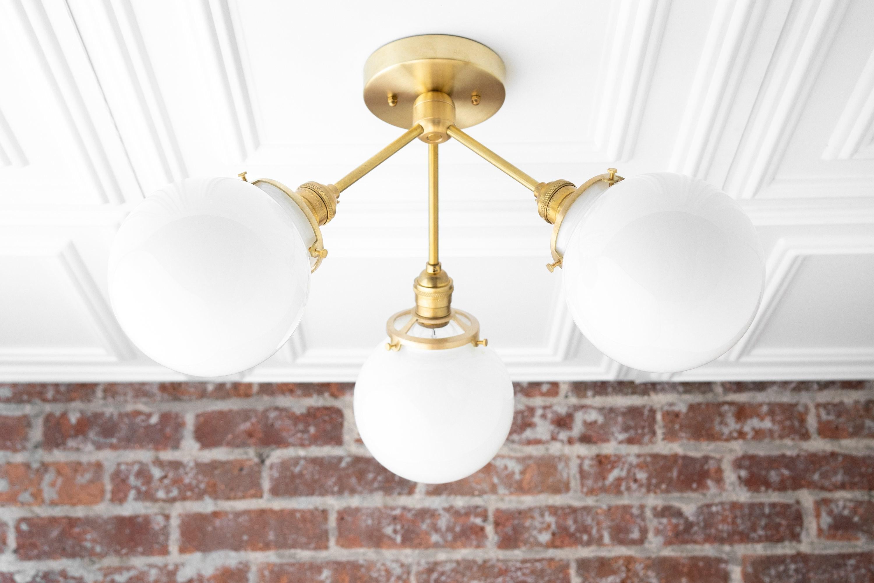 Glorica Glass Chandelier - Brass Globe Ceiling Light with Opal Shade