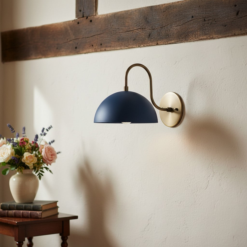 Curva Metal  Industrial Wall Sconce - Curved Brass Arm - Hammered Dome Light Fixture