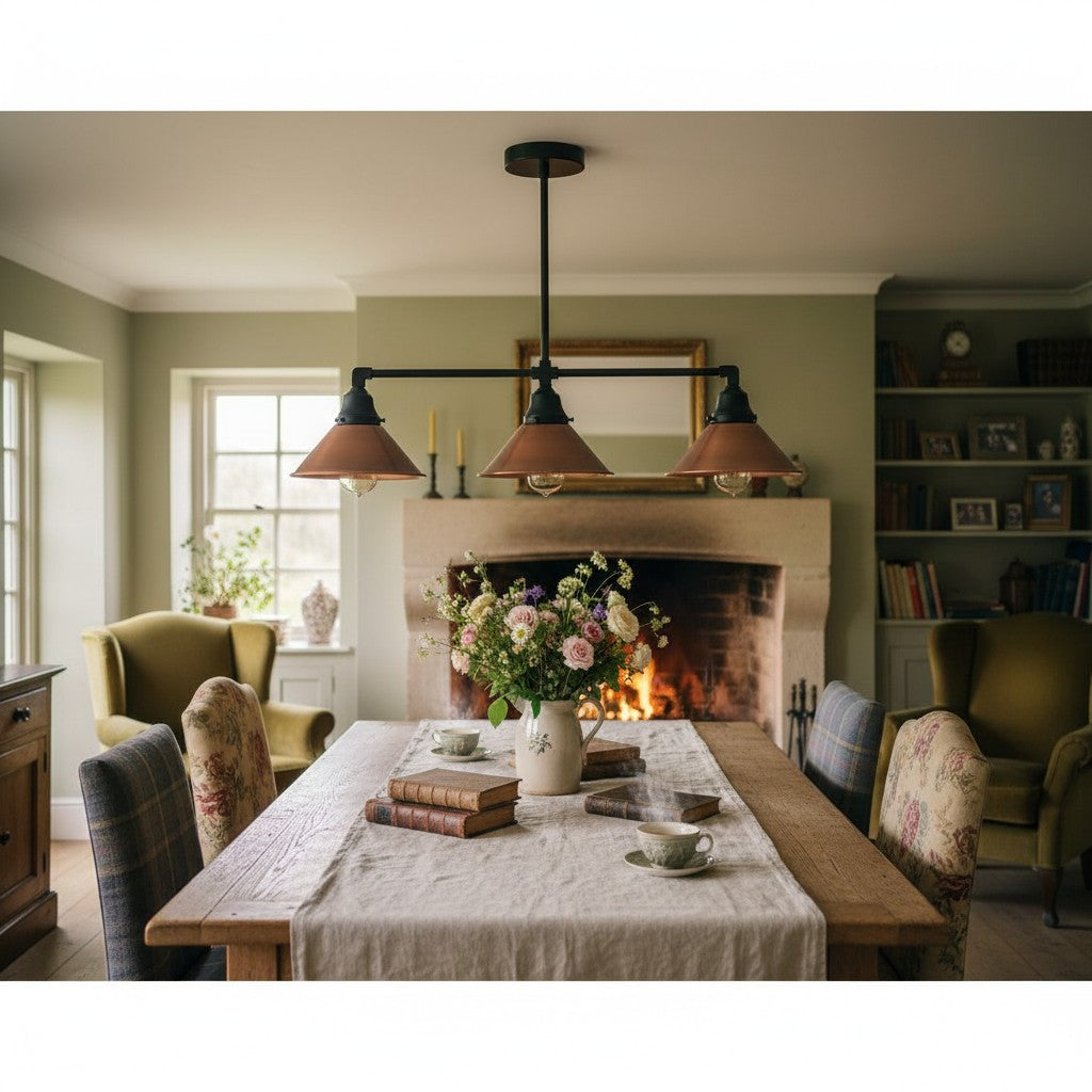 Conique Metal Hand-Aged Copper Chandelier - 3 Light Industrial Pendant - Island Lighting