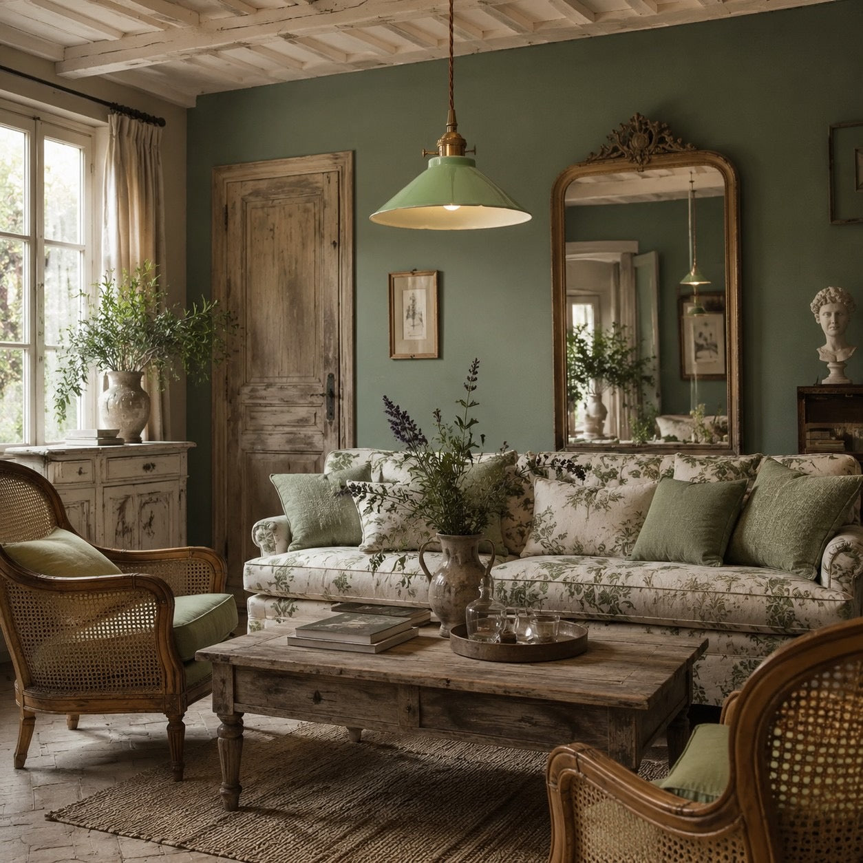 Plum green pendant light with room-scale context