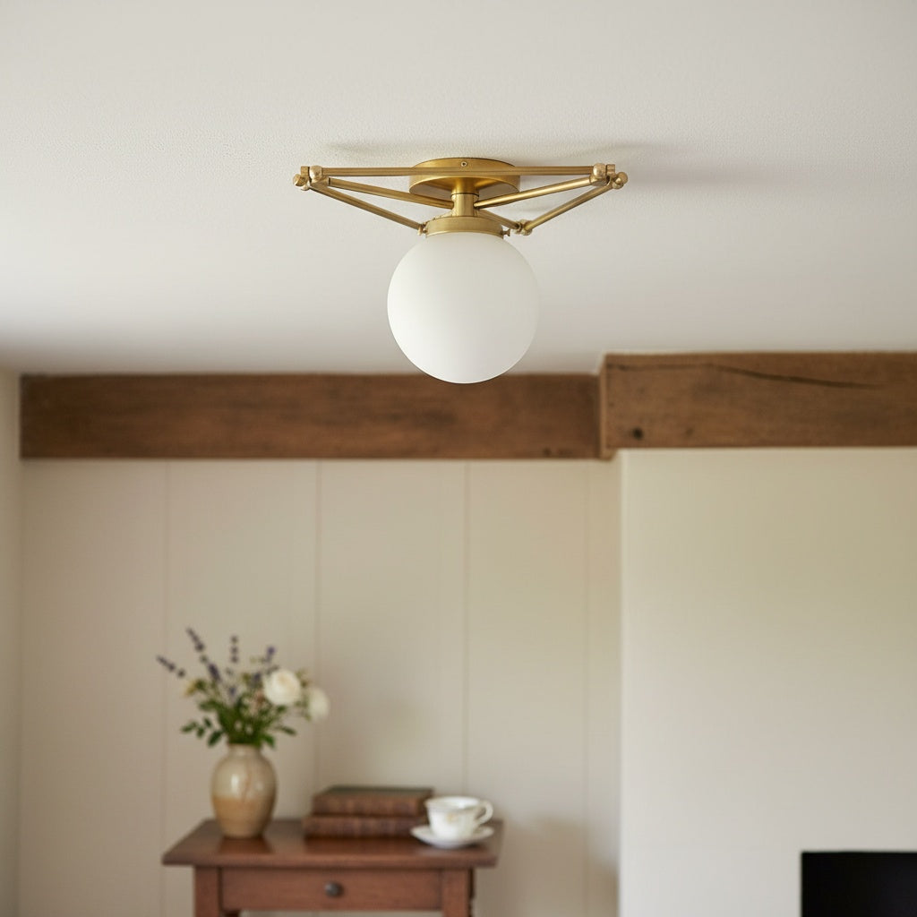 Glorica Glass Geometric Brass Ceiling Light - Hand-Blown Globe Design