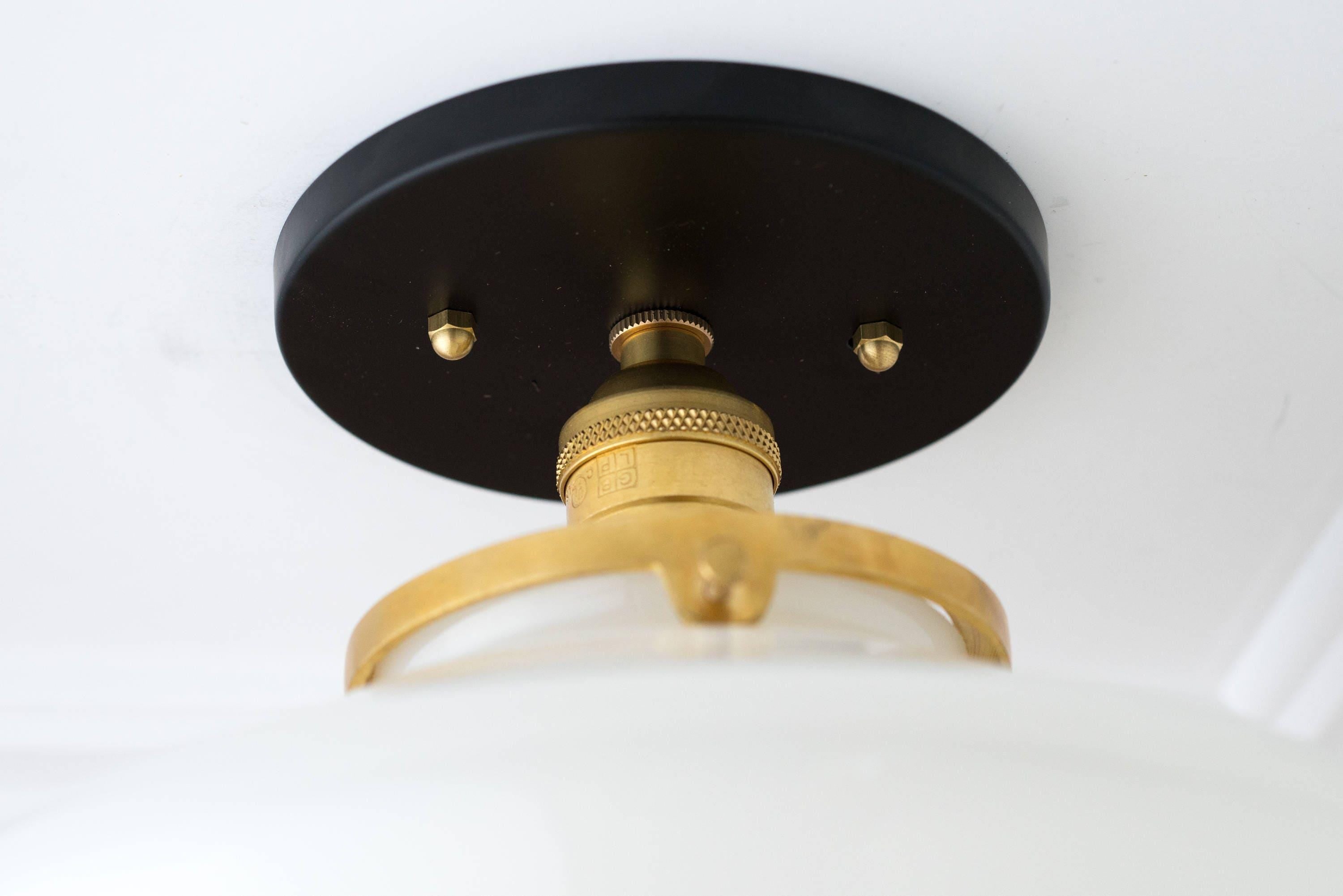 Geotower Glass Brass Ceiling Light - Opal Glass Schoolhouse Shade - Modern Elegance