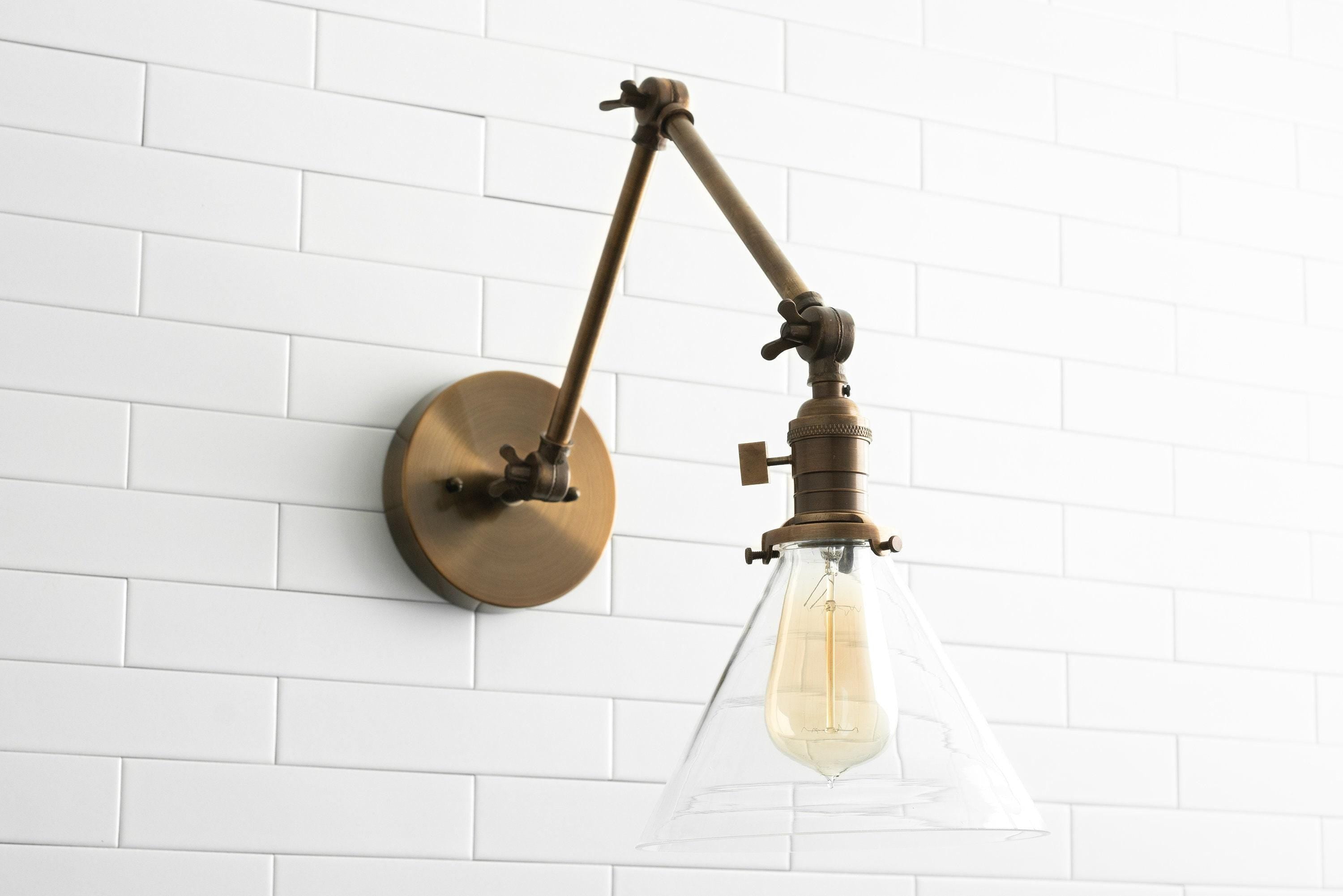 Conique Metal Industrial Wall Sconce with Adjustable Arm - Vintage Glass Cone Shade