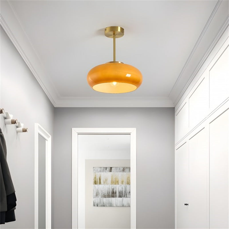 Glass Disc Ceiling Light – Vintage Brass Bauhaus Fixture for Hallway