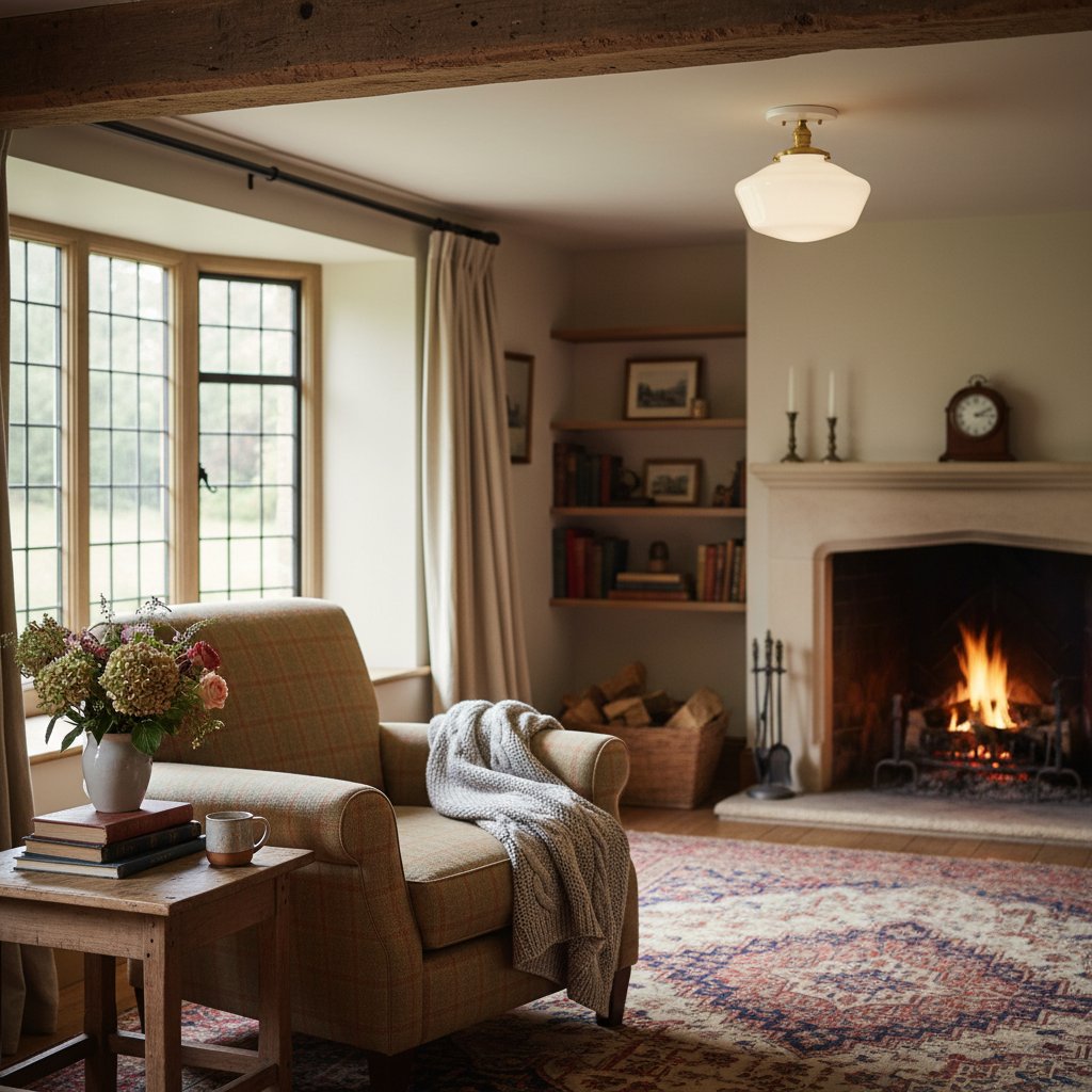 Geotower Glass Brass Ceiling Light - Opal Glass Schoolhouse Shade - Modern Elegance