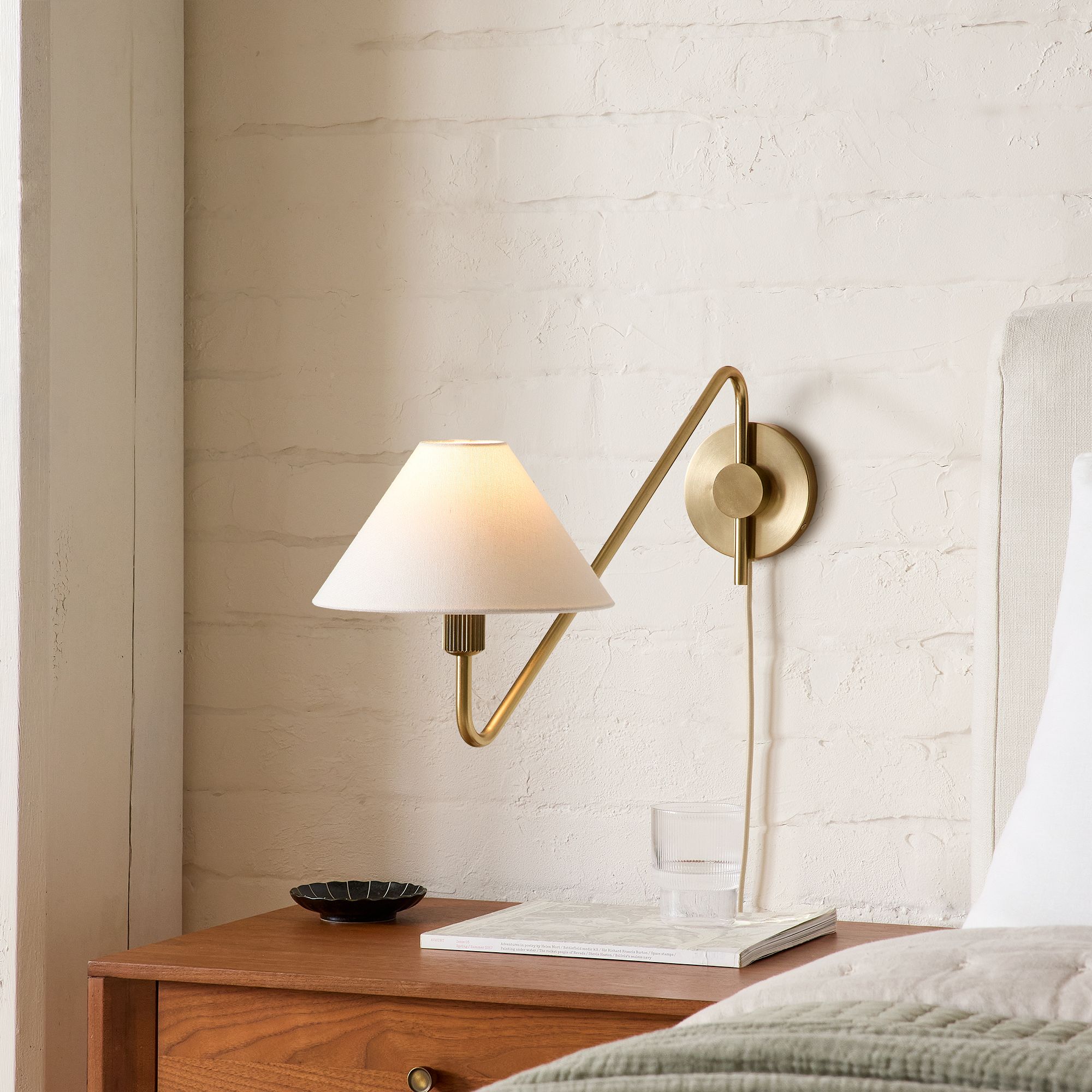Diora Champagne Bronze Sconce - Plug-In Adjustable Arm Linen Bedside Lamp