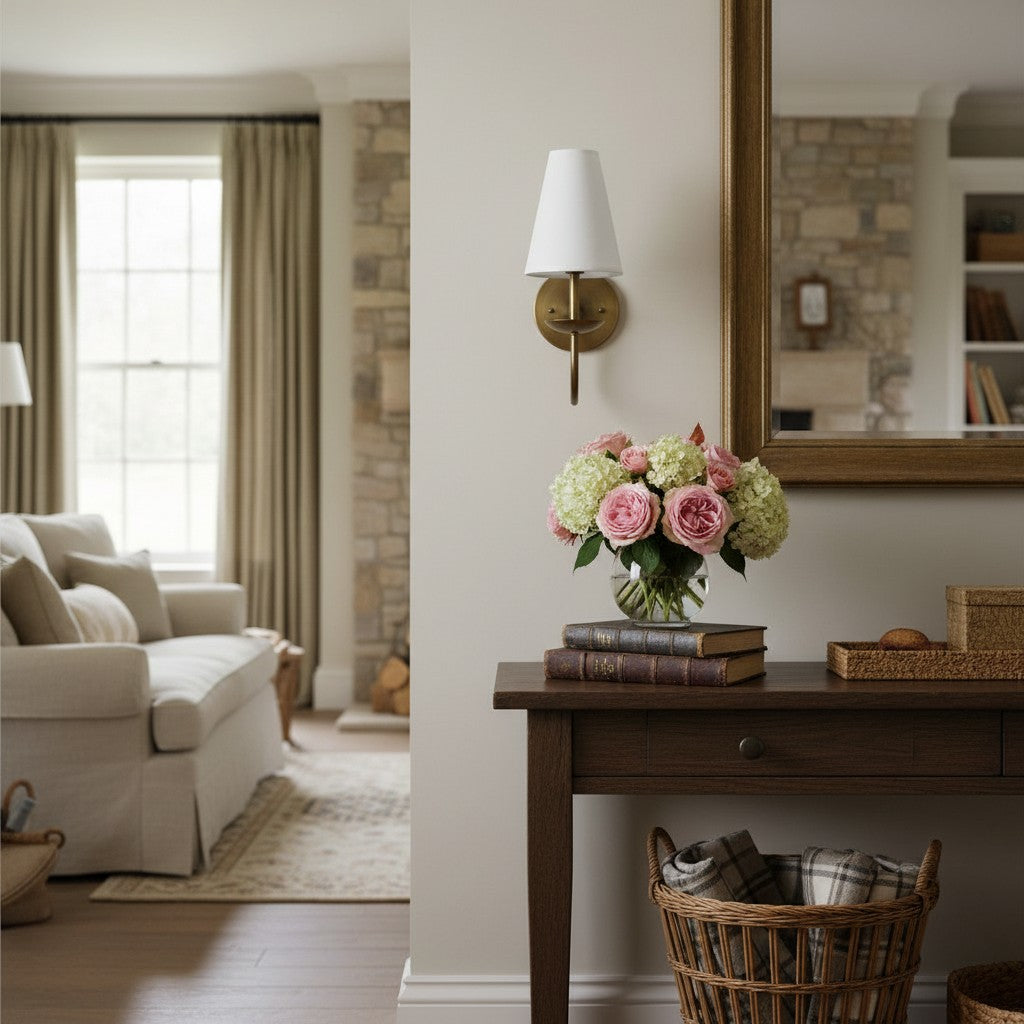 Curva Metal White Linen Sconce - Classic Brass Wall Light for Bedrooms