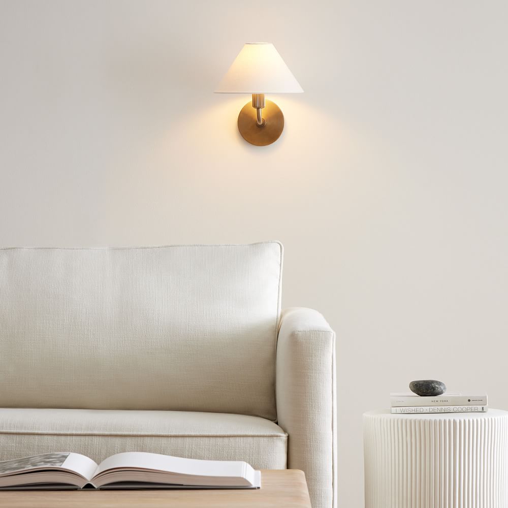 Diora Modern Brass Wall Sconce - Tapered Linen Shade Lamp for Bedroom