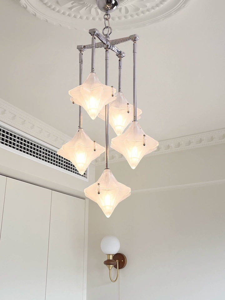Art Deco Astris Star Chandelier -Frosted Glass Deco Fixture for Dining Room