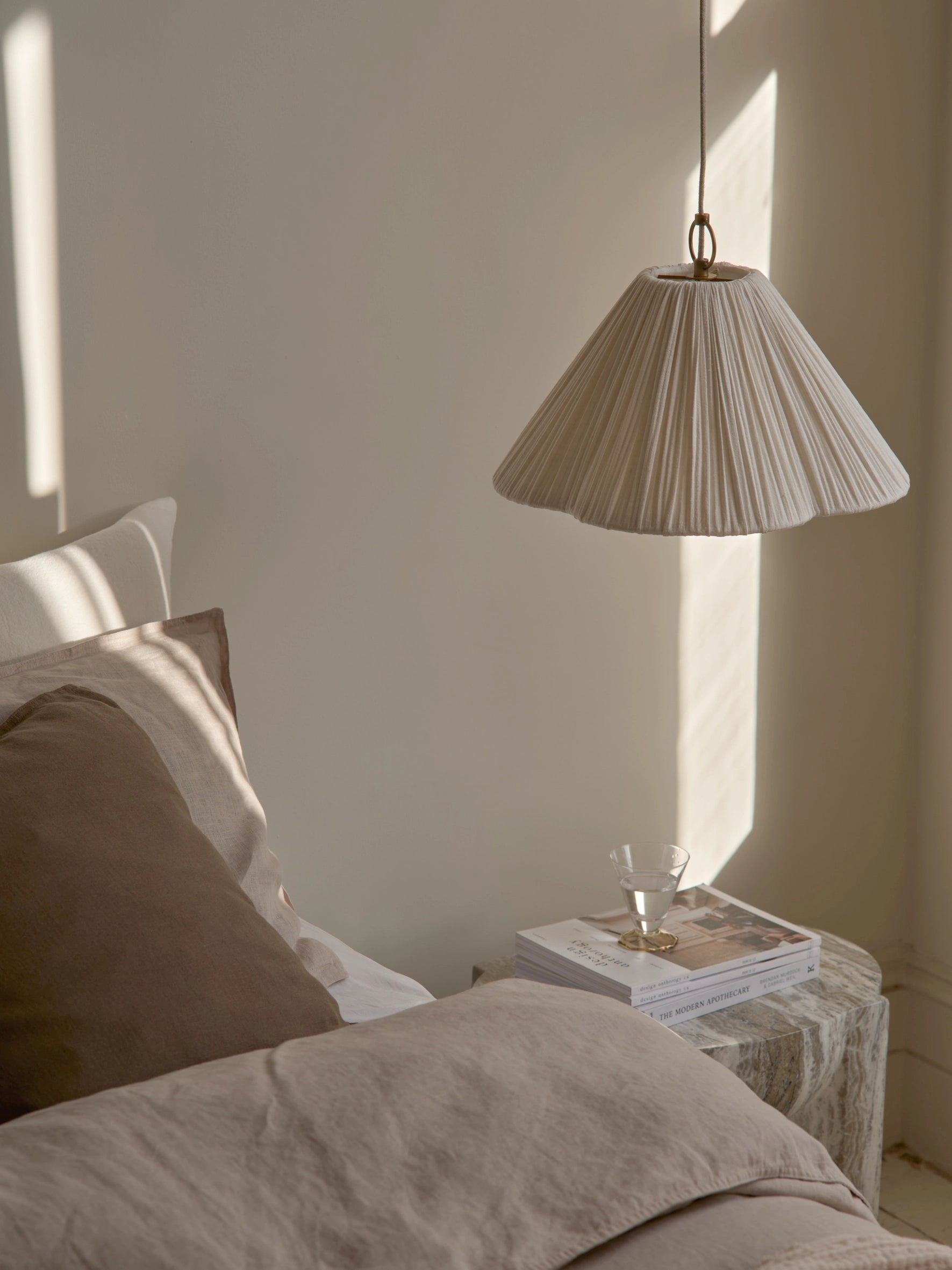 Lindi - Small Aged Brass and Linen Scalloped Pendant Light