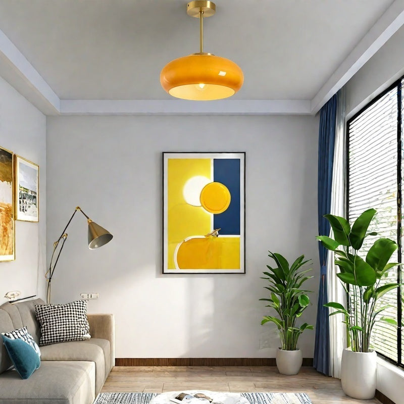 Glass Disc Ceiling Light – Vintage Brass Bauhaus Fixture for Hallway