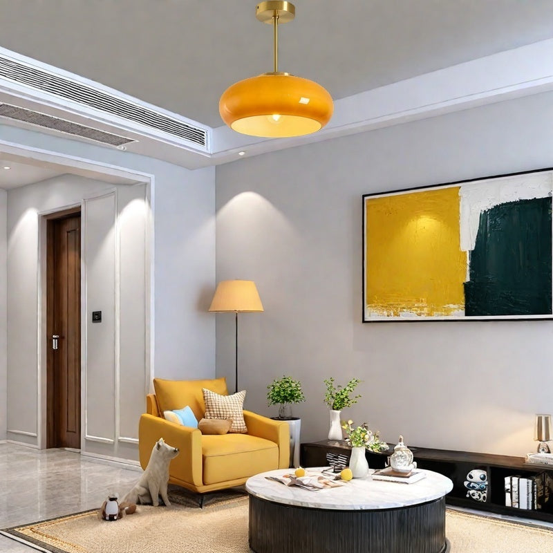 Glass Disc Ceiling Light – Vintage Brass Bauhaus Fixture for Hallway