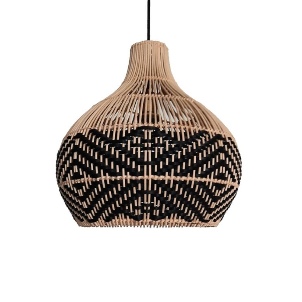 Natural Woven Rattan Pendant Light - Boho Black Dome Shade for Patio