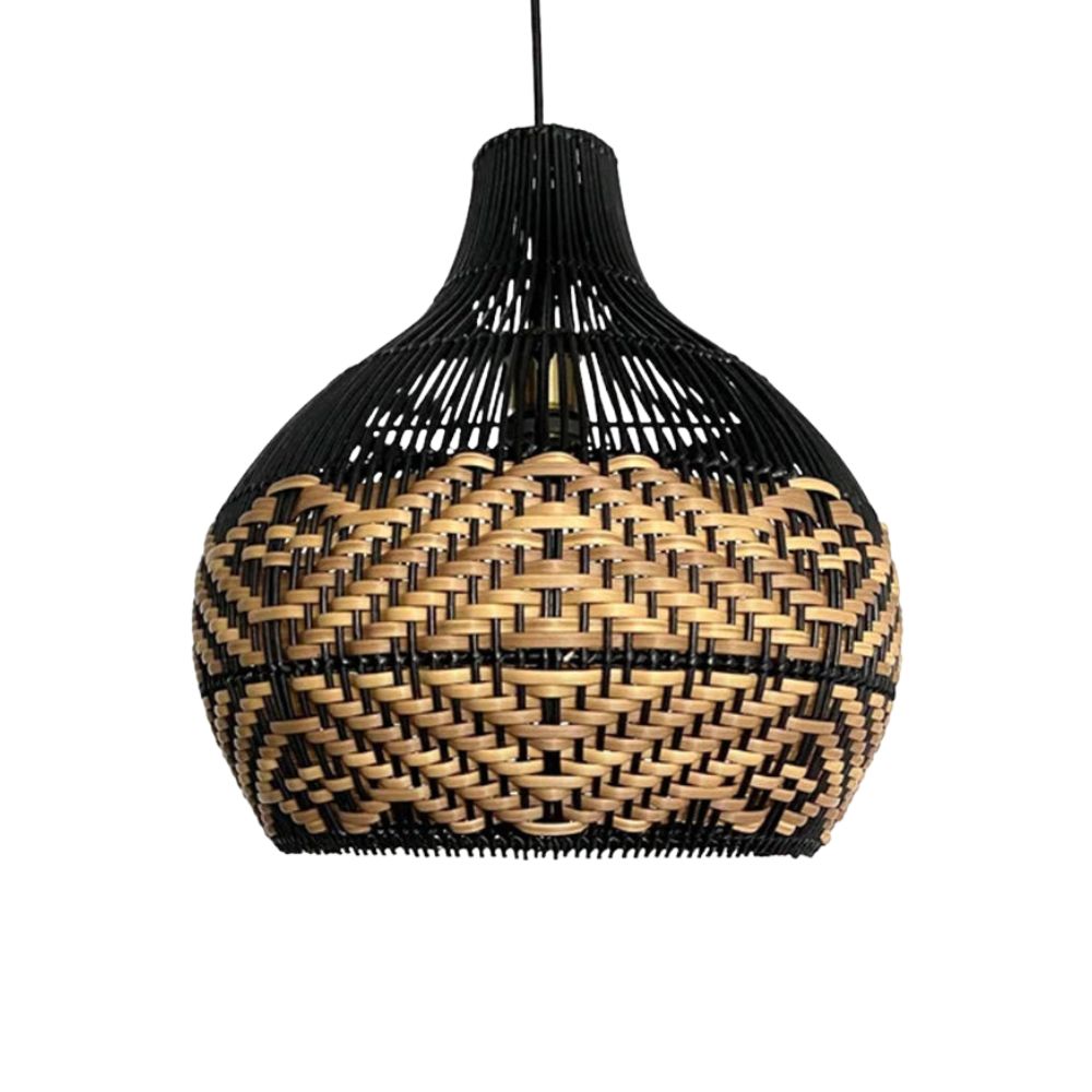 Natural Woven Rattan Pendant Light - Boho Black Dome Shade for Patio