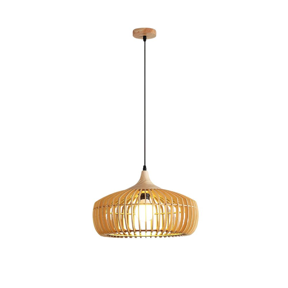 Natural Wood Pendant Light - Metal Lattice Cage Design for Living Room