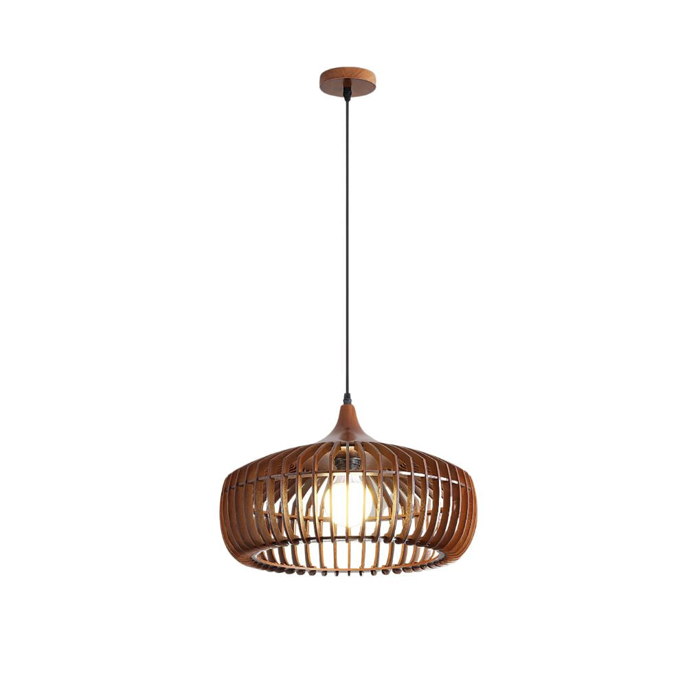 Natural Wood Pendant Light - Metal Lattice Cage Design for Living Room