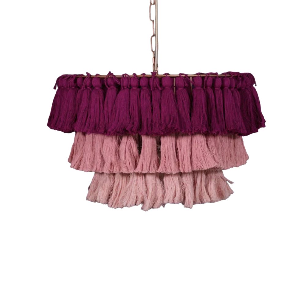 Boho Tiered Fringe Chandelier - Pink Tassel Chandelier for Living Room