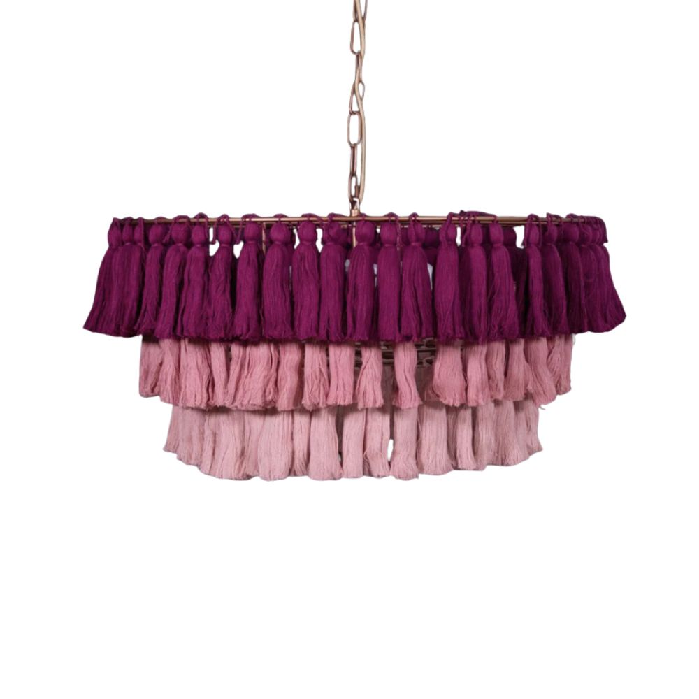 Boho Tiered Fringe Chandelier - Pink Tassel Chandelier for Living Room