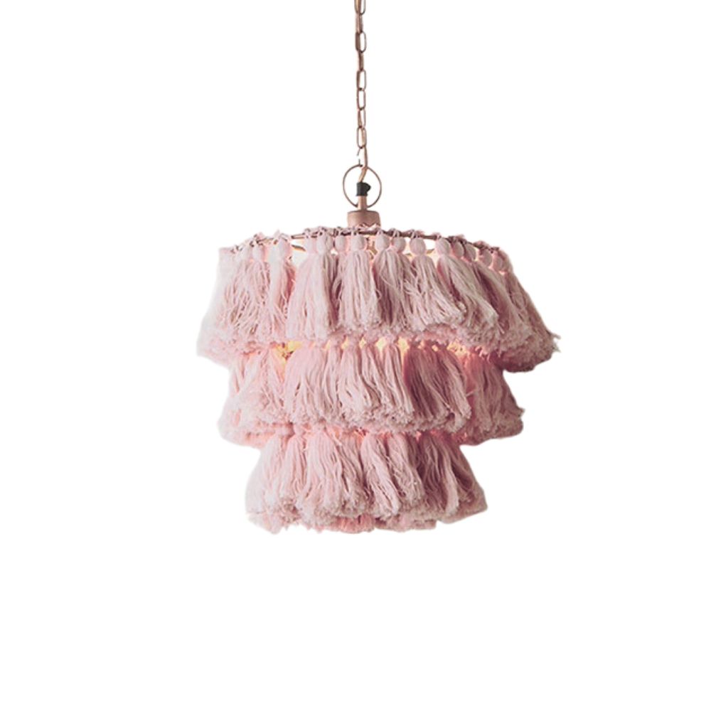 Boho Tiered Fringe Chandelier - Pink Tassel Chandelier for Living Room