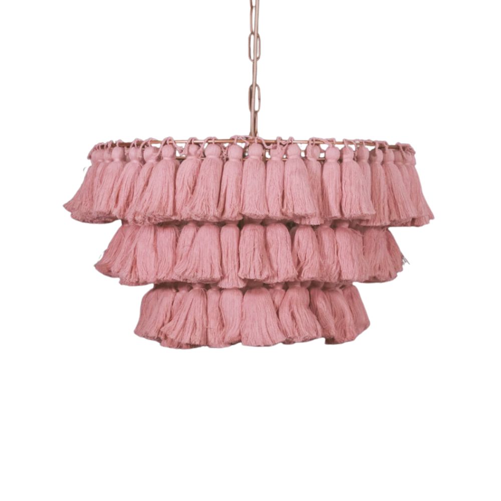 Boho Tiered Fringe Chandelier - Pink Tassel Chandelier for Living Room