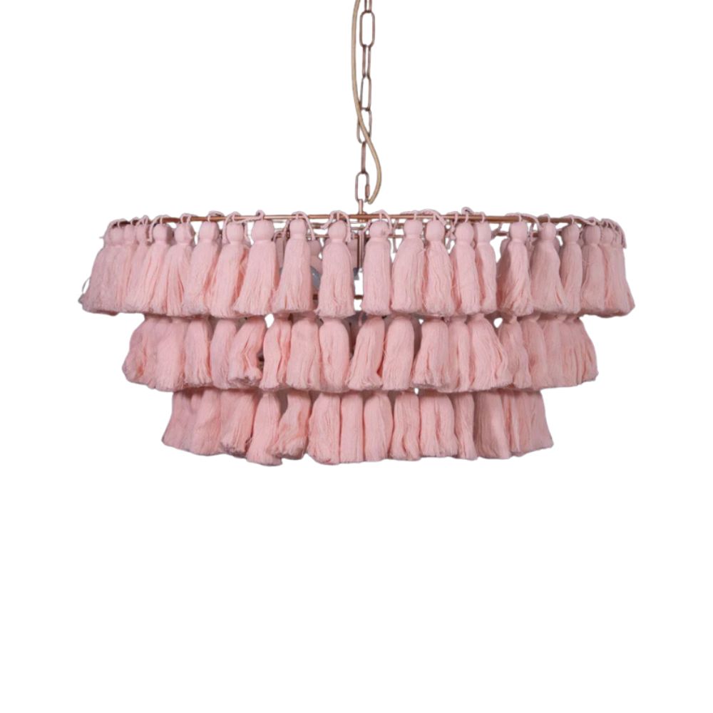 Boho Tiered Fringe Chandelier - Pink Tassel Chandelier for Living Room