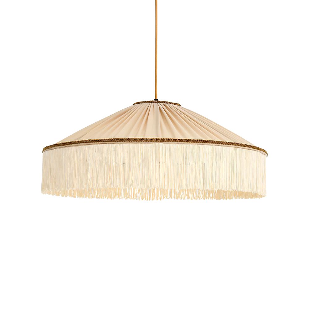 Boho Fringe Pendant Light - Round Pleated Fabric Lamp for Living Room
