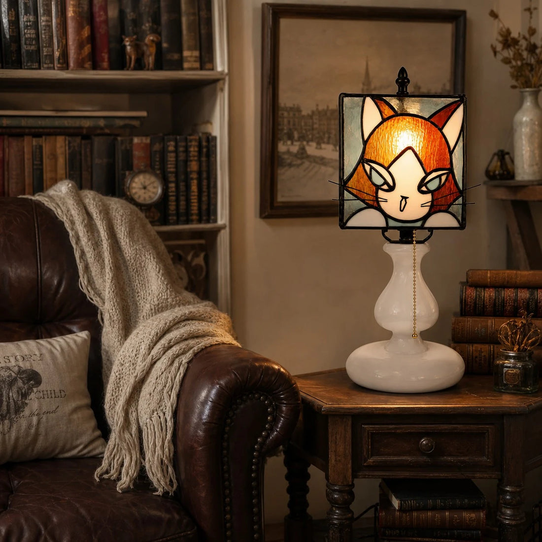 Orange yellow cat lamp styled beside a leather chair and books