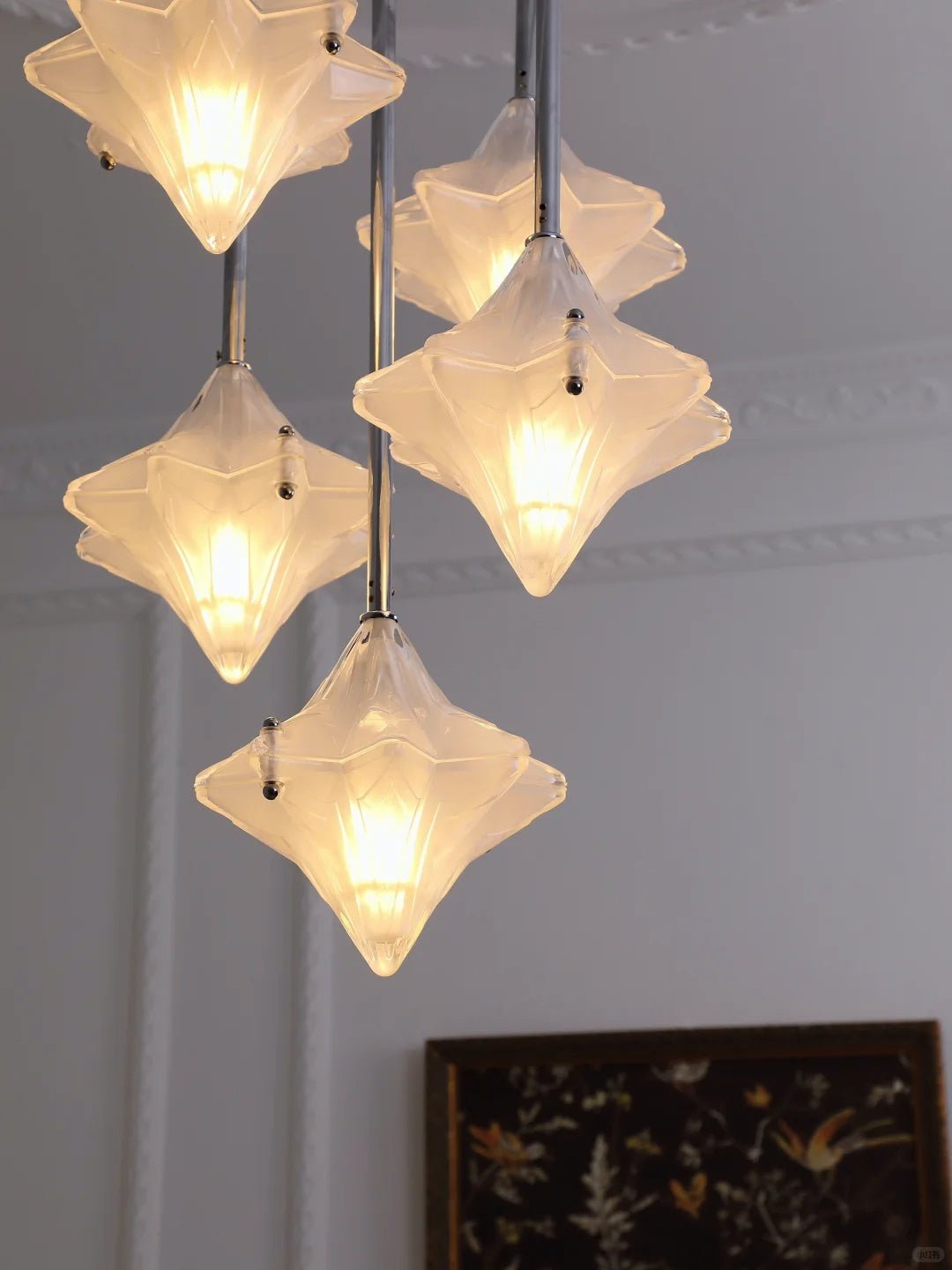 Art Deco Astris Star Chandelier -Frosted Glass Deco Fixture for Dining Room