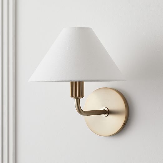 Diora Modern Brass Wall Sconce - Tapered Linen Shade Lamp for Bedroom