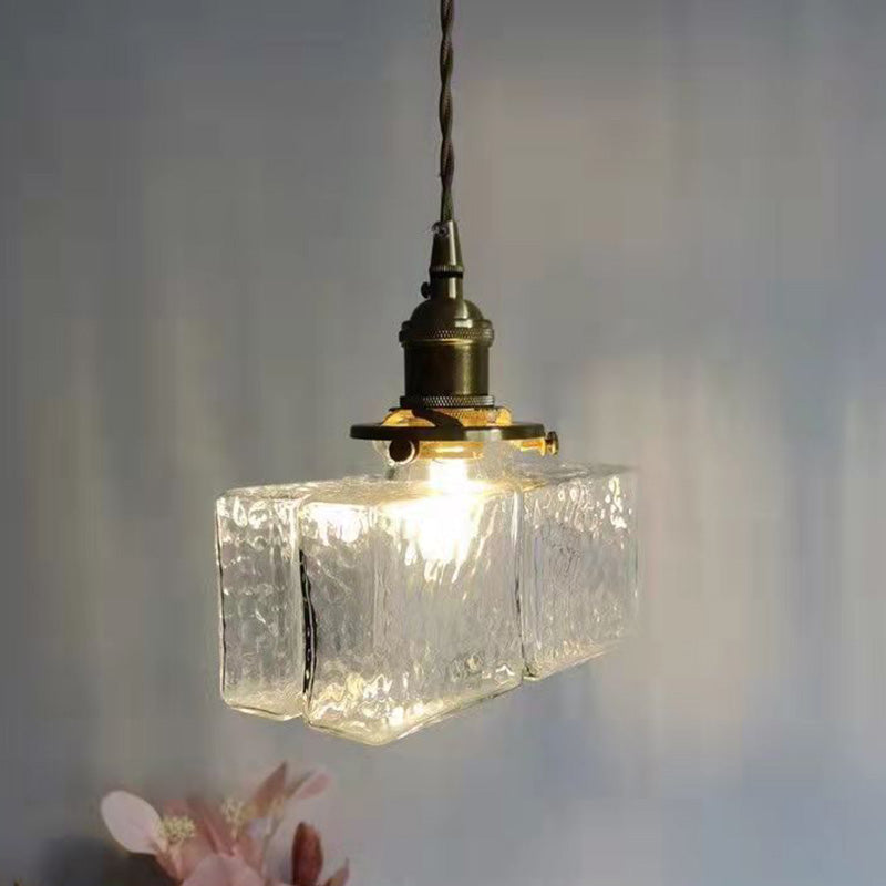 Suspension traditionnelle vintage carrée rectangulaire en verre ondulé à 1 ampoule pour salon